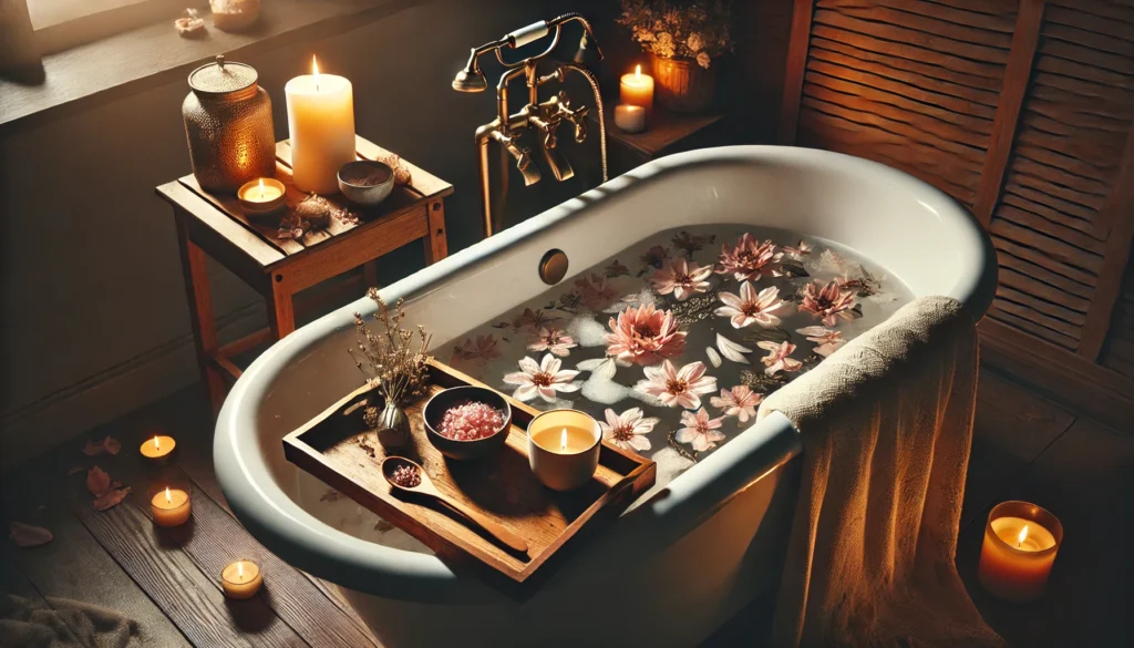 Best Weekend Detox Cleanse Tips: How to Reset Your Body Safely and Effectively 3 A white freestanding bathtub filled with warm water and floating flower petals, complemented by a wooden tray holding a lit candle, bath salts, and a herbal tea cup, set in a dimly lit, tranquil environment