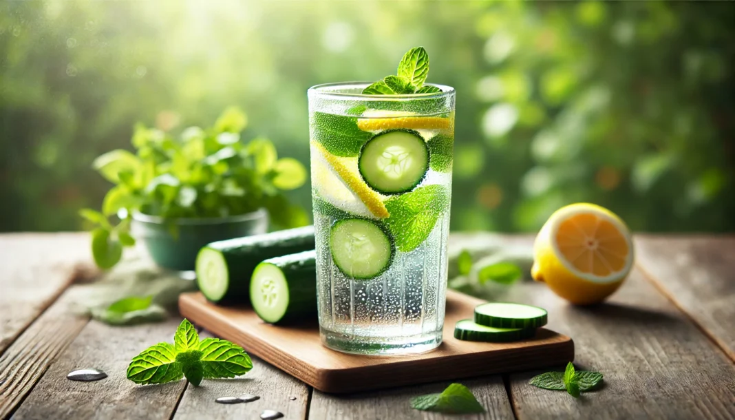 A chilled glass of detox water infused with cucumber, lemon, and mint, placed on a wooden surface with condensation on the glass, set against a blurred natural green background to symbolize hydration and wellness