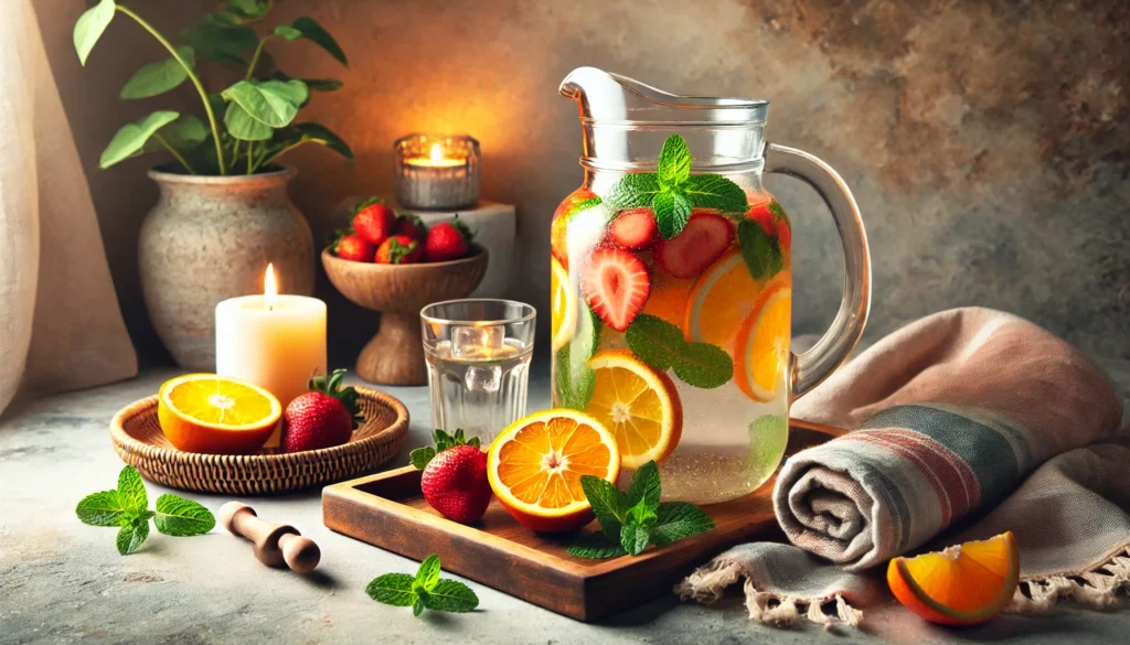 A peaceful spa setting featuring a glass pitcher of detox water with sliced oranges, strawberries, and mint, placed on a marble countertop beside a towel, a lit candle, and a bowl of fresh fruit, evoking relaxation and cleansing