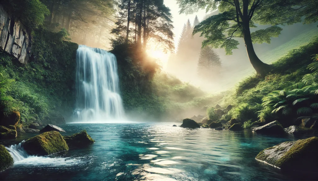 A stunning outdoor scene with a pristine waterfall flowing into a crystal-clear pool of water, surrounded by lush greenery and soft morning mist, representing purity, hydration, and the natural detoxifying effects of a water cleanse