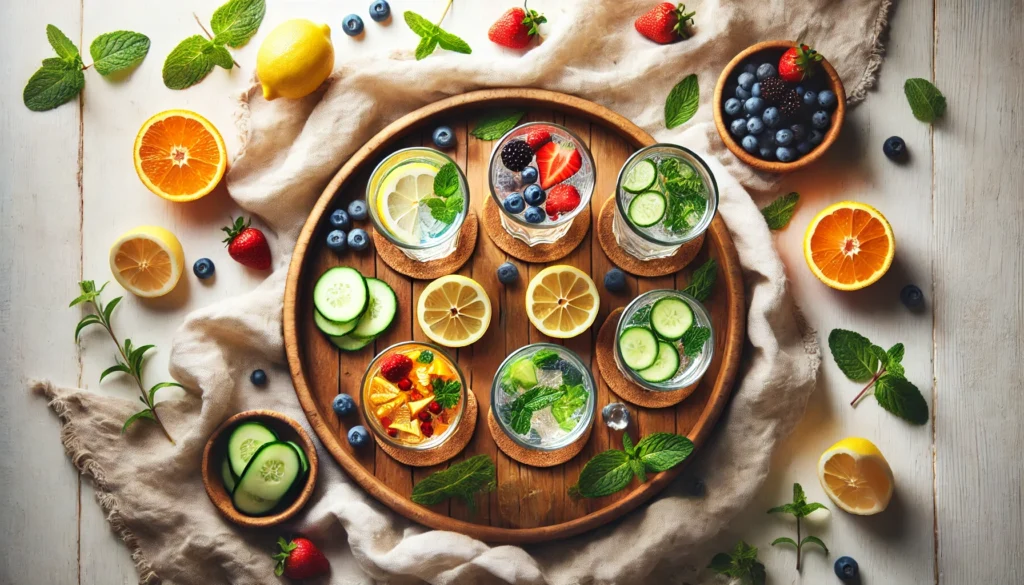 A top-down view of a wooden tray holding multiple glasses of detox water infused with various ingredients such as lemon, cucumber, berries, and herbs, arranged aesthetically on a white linen cloth with scattered fresh fruits and mint leaves, symbolizing a clean and natural approach to hydration
