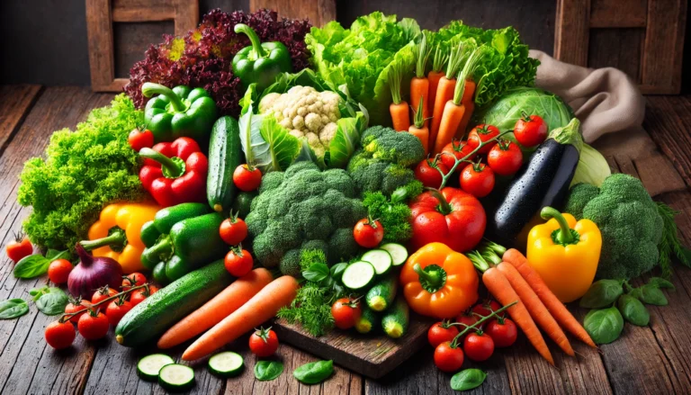 A vibrant assortment of fresh vegetables, including leafy greens, bell peppers, tomatoes, carrots, broccoli, and zucchini, arranged on a rustic wooden table with a light mist of water, highlighting their natural hydration and nutritional value