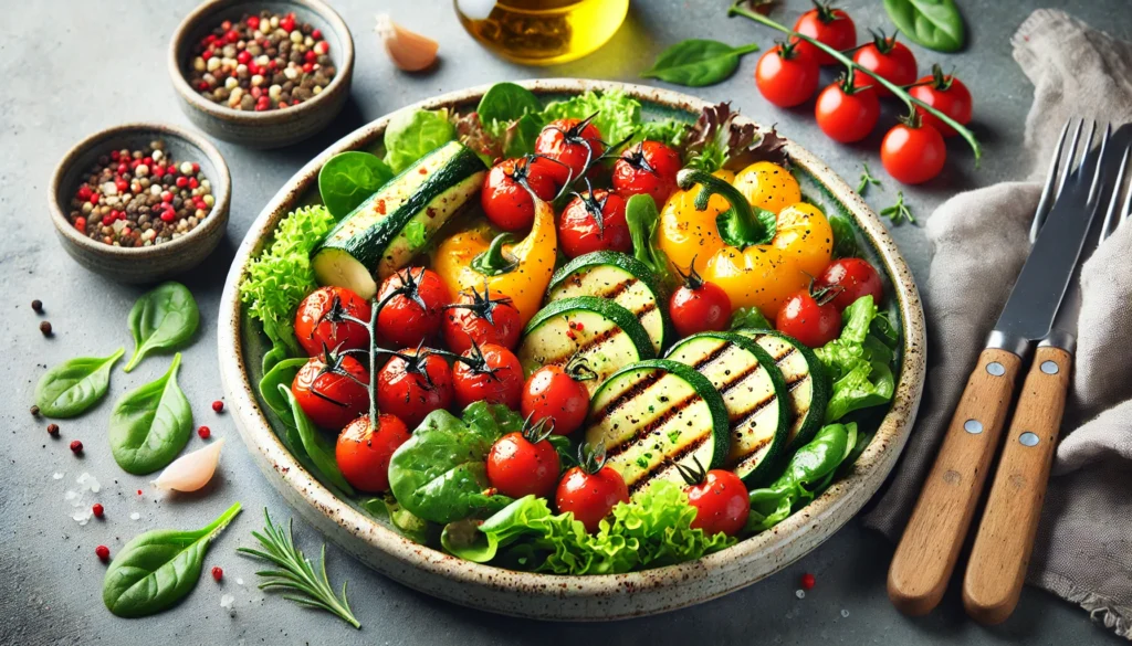 The Benefits of an All-Vegetable Diet: How a Vegetable Diet Supports Weight Loss and Overall Health 1 A ceramic dish featuring a visually appealing vegetable-based meal with grilled zucchini, roasted bell peppers, cherry tomatoes, and a bed of leafy greens, garnished with herbs and drizzled with a light vinaigrette