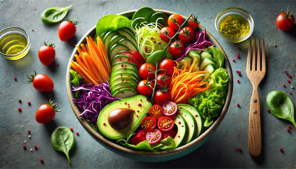 The Benefits of an All-Vegetable Diet: How a Vegetable Diet Supports Weight Loss and Overall Health 2 A nutrient-rich salad bowl filled with lettuce, cherry tomatoes, avocado slices, shredded carrots, and red cabbage, showcasing a variety of textures and colors that represent a balanced all-vegetable diet