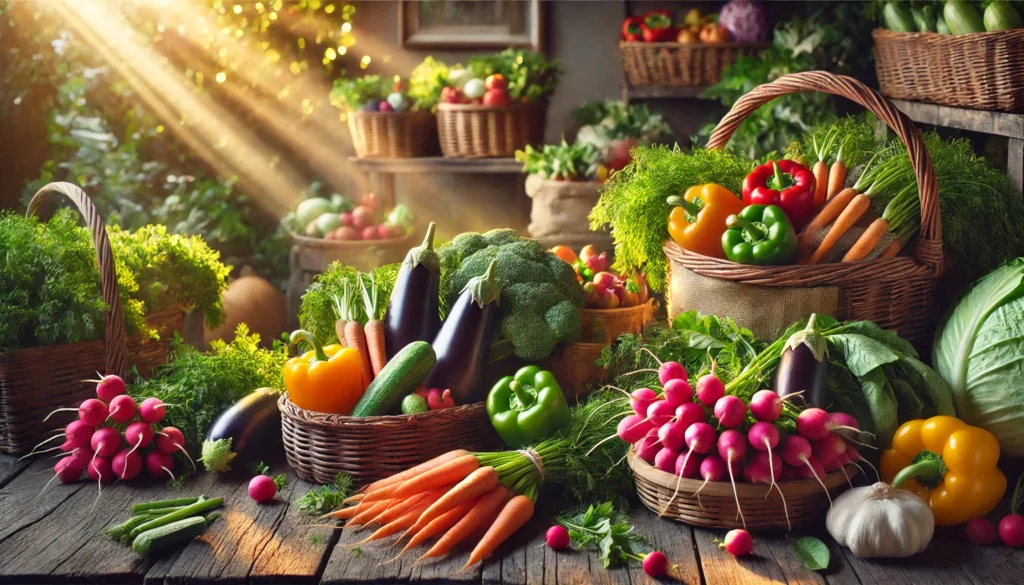 The Benefits of an All-Vegetable Diet: How a Vegetable Diet Supports Weight Loss and Overall Health 3 A lively farm market setting with baskets overflowing with fresh vegetables, including carrots, bell peppers, radishes, eggplants, and leafy greens, illuminated by natural sunlight to emphasize freshness and abundance