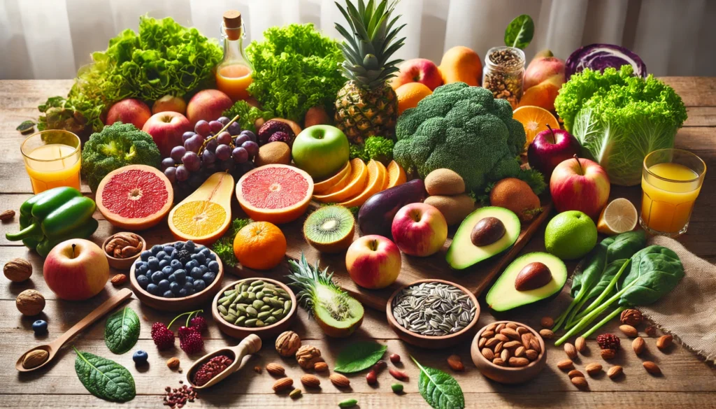 A vibrant spread of fresh organic fruits, leafy greens, nuts, and seeds arranged beautifully on a wooden table, symbolizing a nutrient-rich vegan detox diet with natural daylight enhancing the colors of the produce