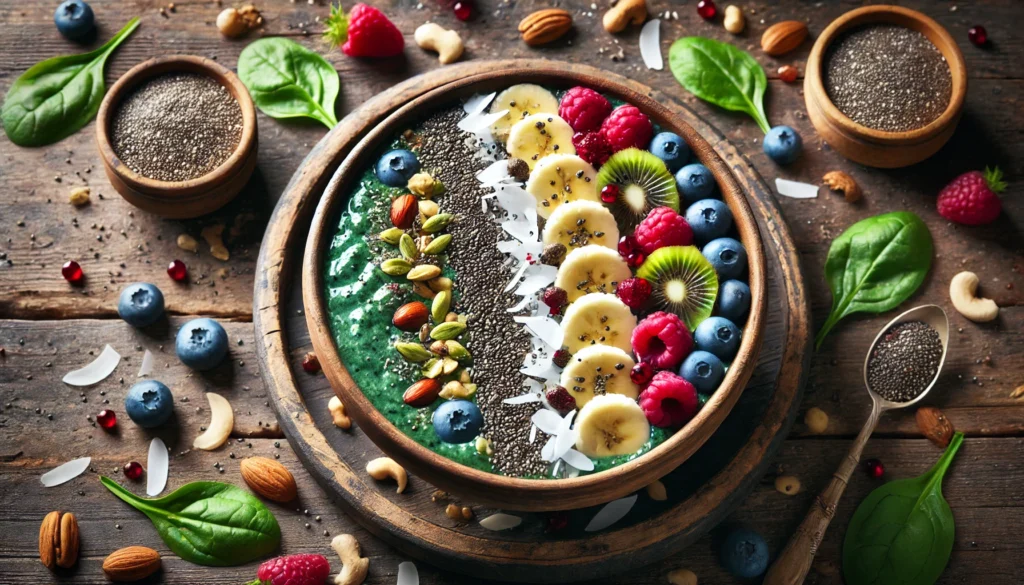 A detox smoothie bowl made with blended spinach, banana, and berries, topped with chia seeds, shredded coconut, and fresh fruit slices, set on a rustic wooden surface with scattered nuts and seeds for a wholesome, healthy visual