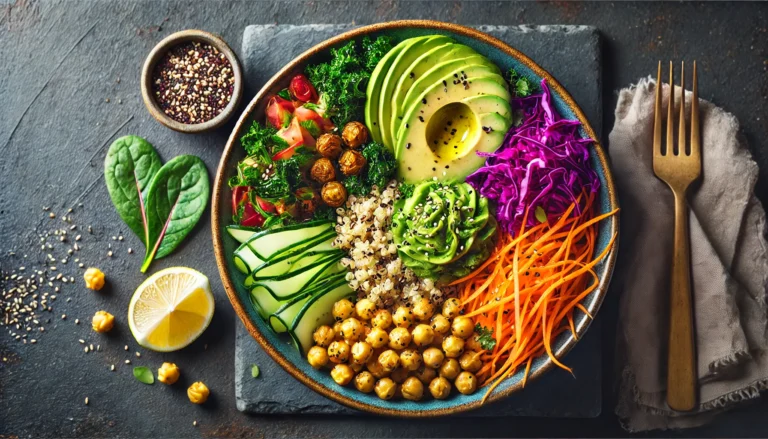 A beautifully plated vegan detox meal featuring a colorful Buddha bowl with quinoa, avocado, roasted chickpeas, kale, shredded carrots, and purple cabbage, garnished with sesame seeds and a drizzle of lemon dressing, served on a dark slate background