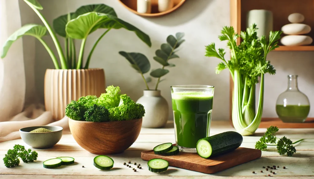 A serene detox scene with a glass of freshly squeezed green juice made from celery, cucumber, and lemon, placed next to a wooden bowl filled with fresh kale and spinach, set in a minimalistic, spa-like environment with soft natural lighting