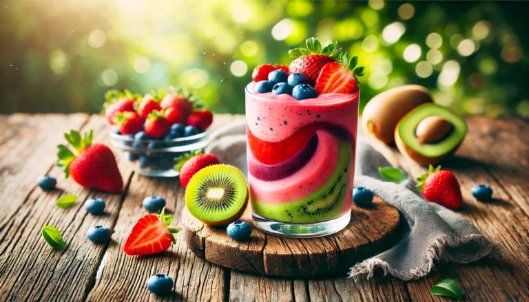 A vibrant, colorful smoothie in a tall glass, garnished with fresh fruits like strawberries, blueberries, and kiwi. The smoothie has a rich, creamy texture with a layered or swirled effect, placed on a rustic wooden table with a blurred natural background, emphasizing freshness and detox benefits