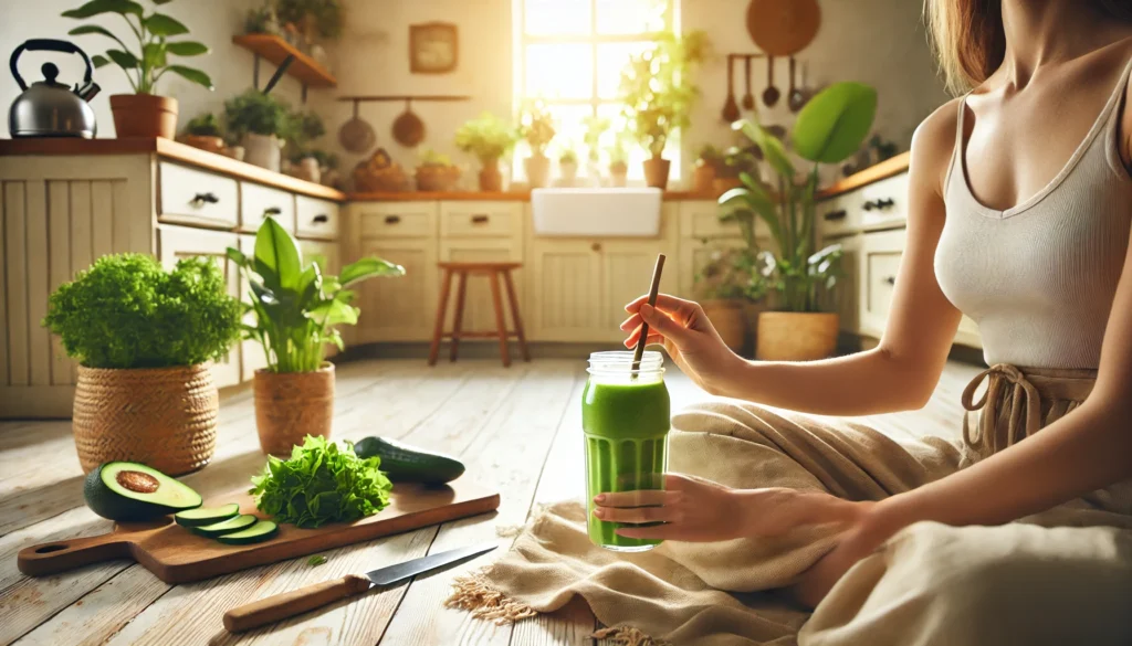 A serene wellness scene of a person holding a detox smoothie while sitting in a bright, peaceful kitchen filled with natural light, reflecting relaxation, rejuvenation, and mindfulness