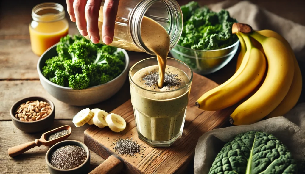 A close-up of a hand pouring a freshly blended smoothie into a glass, with ingredients like bananas, kale, and chia seeds artistically arranged, emphasizing freshness and detox benefits