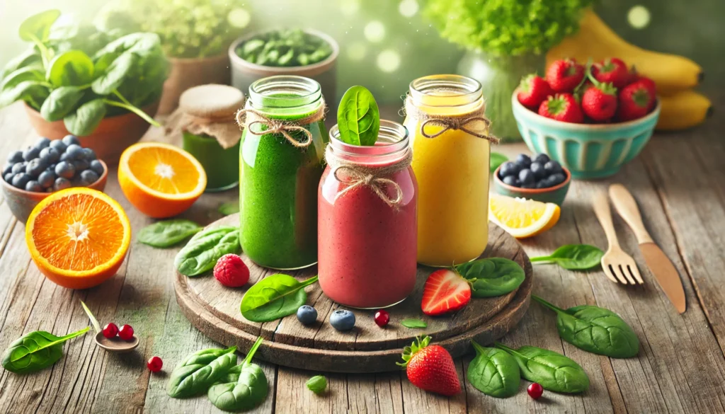 A beautifully arranged breakfast scene featuring three colorful detox smoothies—green, red, and yellow—on a rustic wooden table, surrounded by fresh ingredients like spinach, berries, and citrus fruits