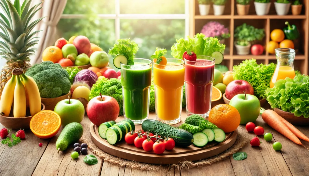 A vibrant display of fresh fruits and vegetables surrounding a set of three colorful detox juices in tall glasses on a wooden table, with bright natural lighting emphasizing freshness and wellness