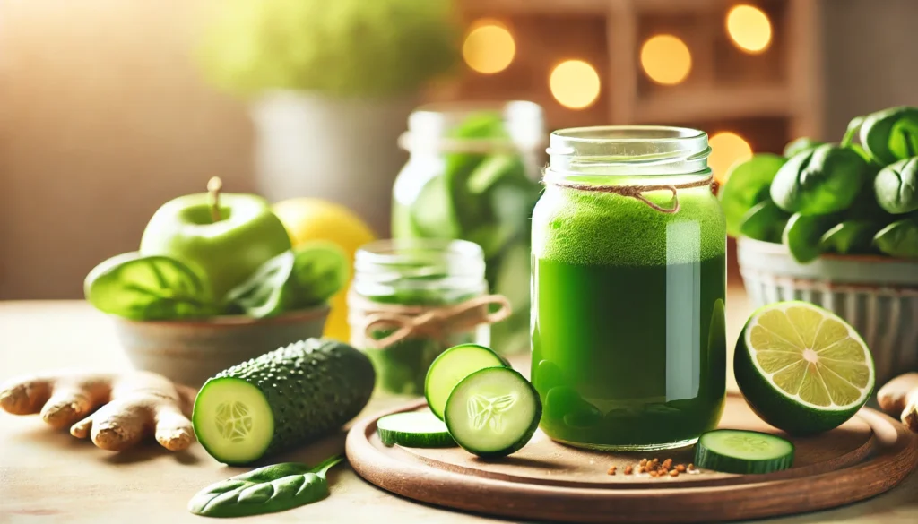 A close-up of a glass jar filled with freshly made green detox juice, surrounded by ingredients like spinach, cucumber, lime, and ginger, set against a softly blurred, warm-lit background