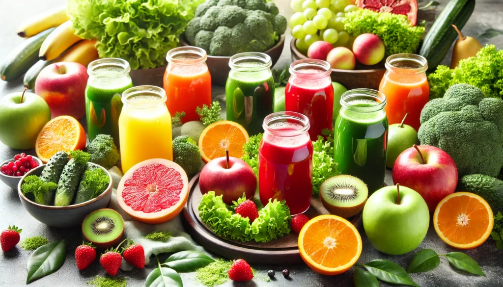 A beautifully arranged breakfast table featuring an array of fresh detox juices in red, yellow, and green, alongside fruits and leafy greens, creating a bright and inviting atmosphere for natural cleansing