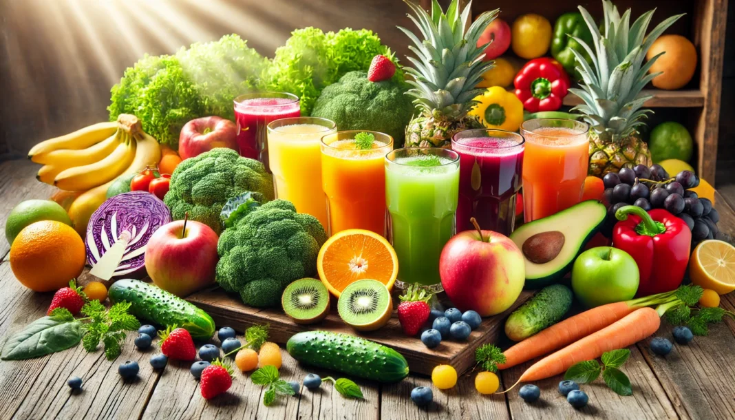 A vibrant assortment of fresh fruits and vegetables surrounding a set of colorful detox juices in tall glasses, placed on a rustic wooden table with natural lighting, emphasizing health and wellness