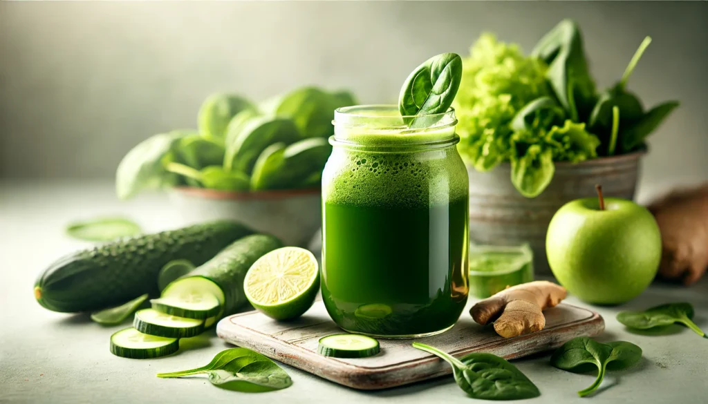 A close-up of a refreshing green detox juice in a glass jar, surrounded by fresh ingredients like spinach, cucumber, lime, and ginger, with a softly blurred background creating a clean and revitalizing atmosphere