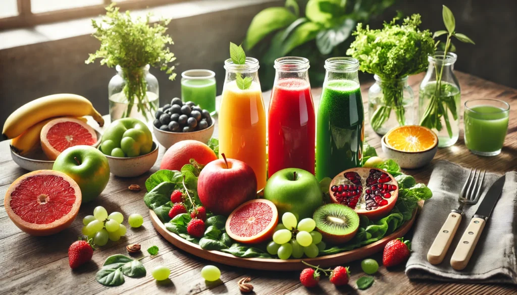 A beautifully arranged breakfast setting featuring three detox juices in red, yellow, and green, placed on a wooden table with fresh fruits and leafy greens, with natural lighting enhancing the freshness and appeal of the juice cleanse theme