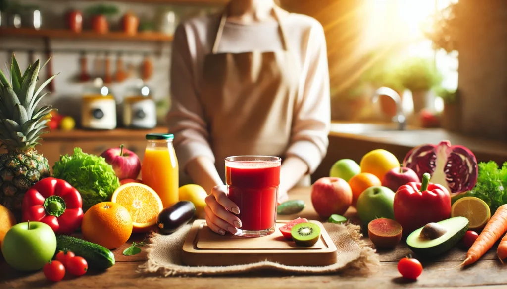 A peaceful kitchen scene with a person holding a glass of vibrant detox juice, surrounded by fresh fruits and vegetables, symbolizing wellness, self-care, and the benefits of a juice cleanse