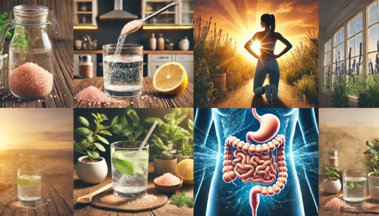 A serene morning scene with a glass of salt water on a wooden table, accompanied by sea salt crystals, a lemon slice, and fresh herbs, representing a natural cleansing remedy