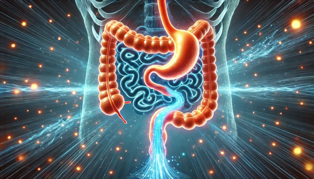 A conceptual illustration of the digestive system with a glowing, flowing water effect inside the intestines, symbolizing the cleansing action of a salt water flush