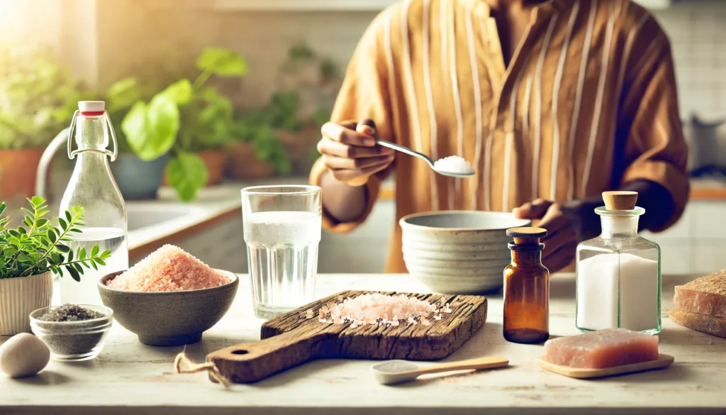 A healthy individual preparing a salt water flush in a bright, modern kitchen, mixing Himalayan pink salt with warm water as part of a wellness routine