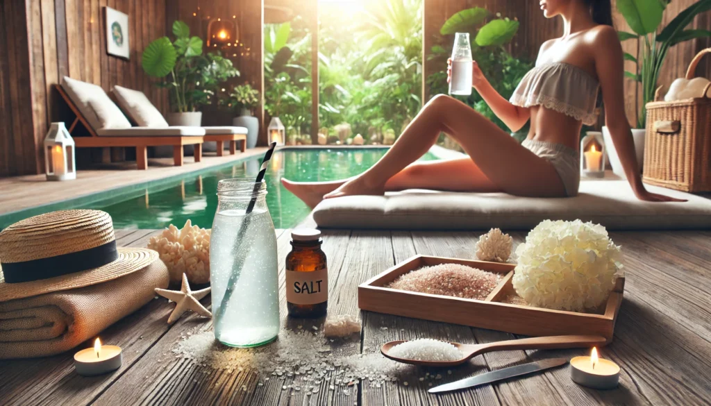 A tranquil spa-like setting where a person is drinking salt water, emphasizing digestive well-being, detoxification, and holistic gut health