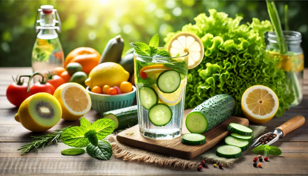 A refreshing detox scene featuring a glass of infused water with lemon, cucumber, and mint, surrounded by fresh vegetables and citrus fruits on a wooden table, symbolizing hydration and natural detoxification