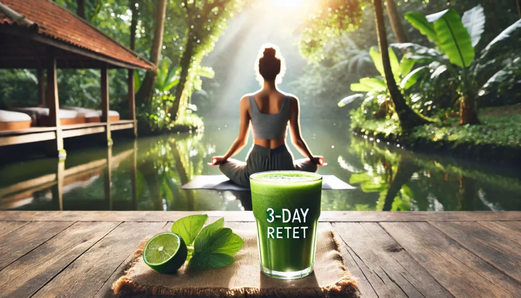 A serene outdoor yoga session with a person meditating next to a glass of green detox smoothie, bathed in soft sunlight and surrounded by lush greenery, representing restoration and wellness