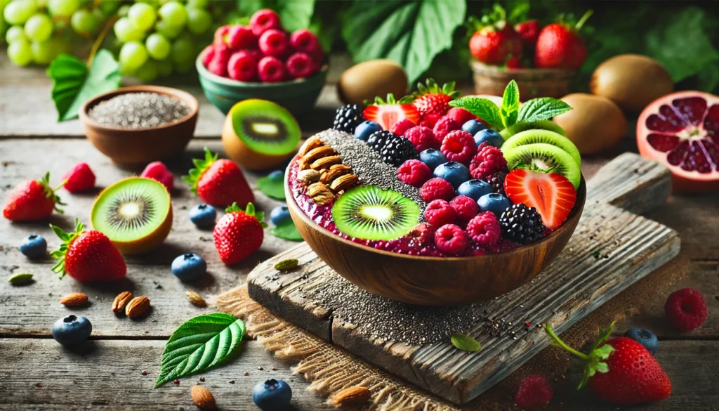 A vibrant smoothie bowl filled with fresh berries, kiwi, chia seeds, and nuts, placed on a rustic wooden table with green foliage in the background, symbolizing nutrient-rich foods for a natural detox cleanse