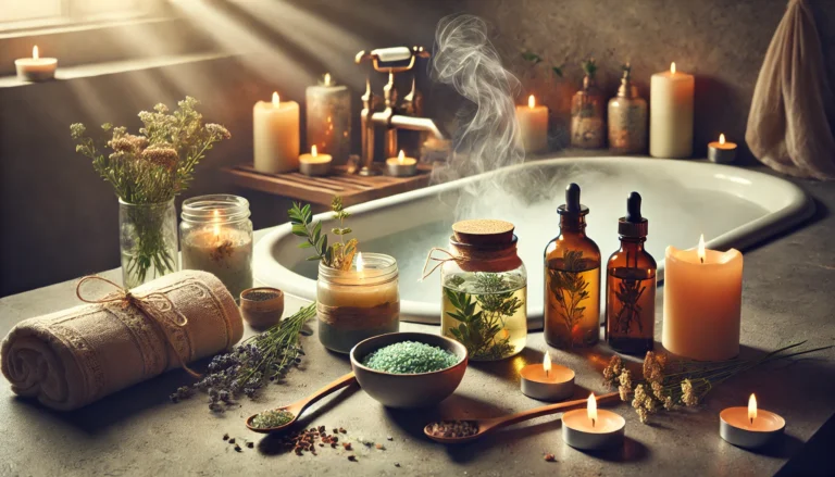 A peaceful spa-like setting featuring a detox bath with herbal infusions, candles, and natural bath salts, with soft steam rising from the warm water, creating a tranquil environment for relaxation and rejuvenation