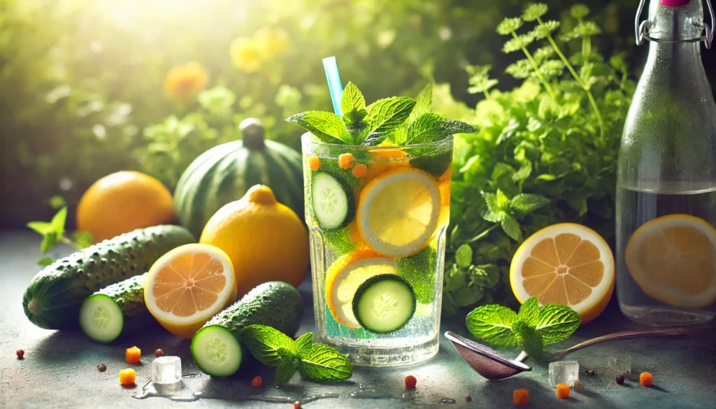 A vibrant detox scene featuring a glass of infused water with lemon, cucumber, and mint, surrounded by fresh fruits and herbs, set in a softly lit natural background, symbolizing cleansing and rejuvenation