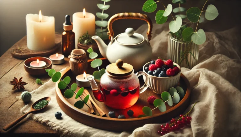 A serene spa-inspired detox scene featuring a wooden tray with herbal tea, fresh berries, eucalyptus leaves, and candles, creating a warm and relaxing atmosphere that symbolizes renewal and inner cleansing