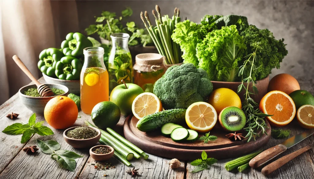 A vibrant detox scene featuring fresh green vegetables, citrus fruits, and herbal teas arranged on a rustic wooden table, symbolizing clean eating and digestive wellness with soft natural lighting