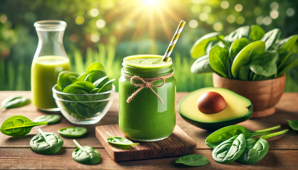 A calming nature-inspired detox setting featuring a glass of green smoothie, avocado, and fresh spinach leaves on a wooden surface, with a blurred, sunlit garden in the background representing natural cleansing and renewal