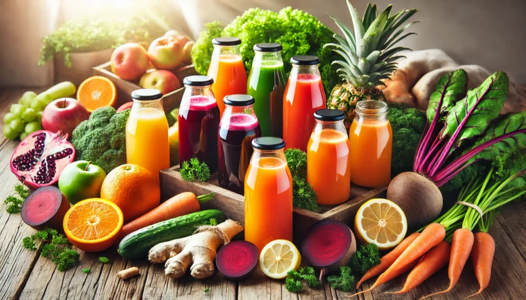 A vibrant display of freshly pressed juices in glass bottles on a rustic wooden table, surrounded by fresh oranges, carrots, beets, kale, and ginger, illuminated by natural sunlight