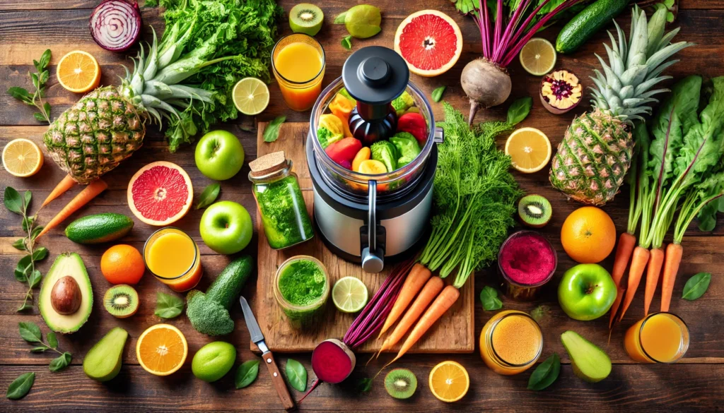 A top-down view of a wooden kitchen countertop showcasing fresh fruits and vegetables, including leafy greens, citrus, beets, and carrots, with a juicer actively extracting colorful juices into glass jars