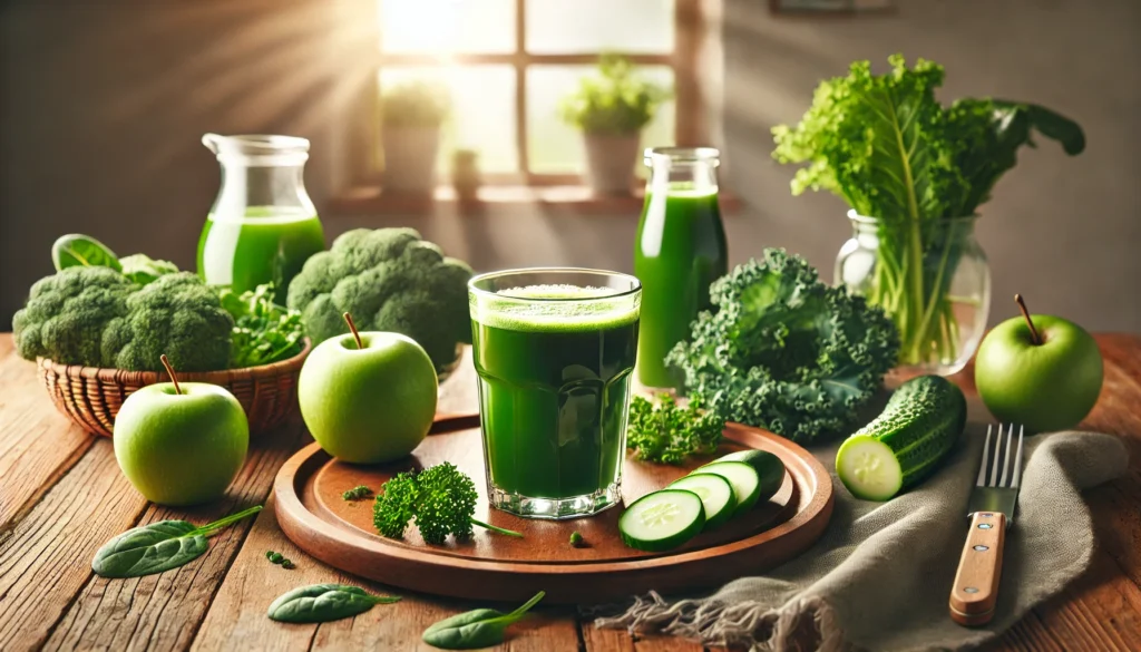 A serene morning scene featuring a glass of fresh green juice on a wooden tray, accompanied by kale, spinach, green apples, and cucumber, with soft sunlight streaming through a nearby window