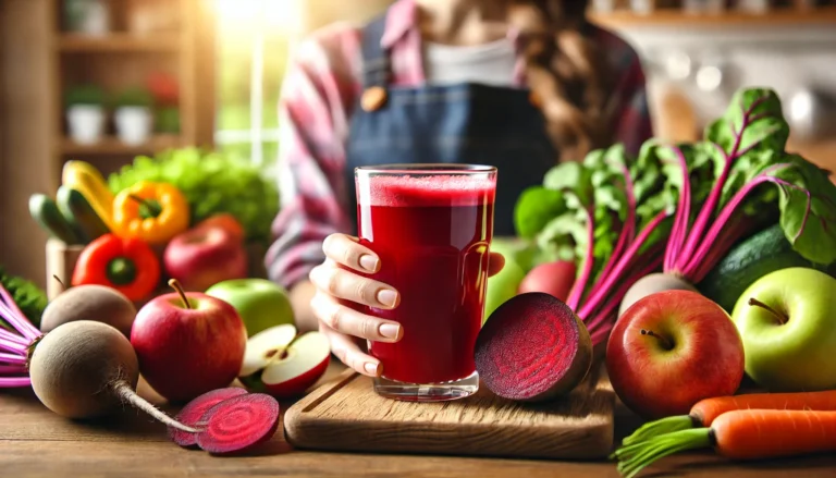 A close-up of a person holding a glass of vibrant red juice made from beets, apples, and carrots, with a blurred background of fresh produce on a wooden kitchen counter, emphasizing vitality and natural detoxification