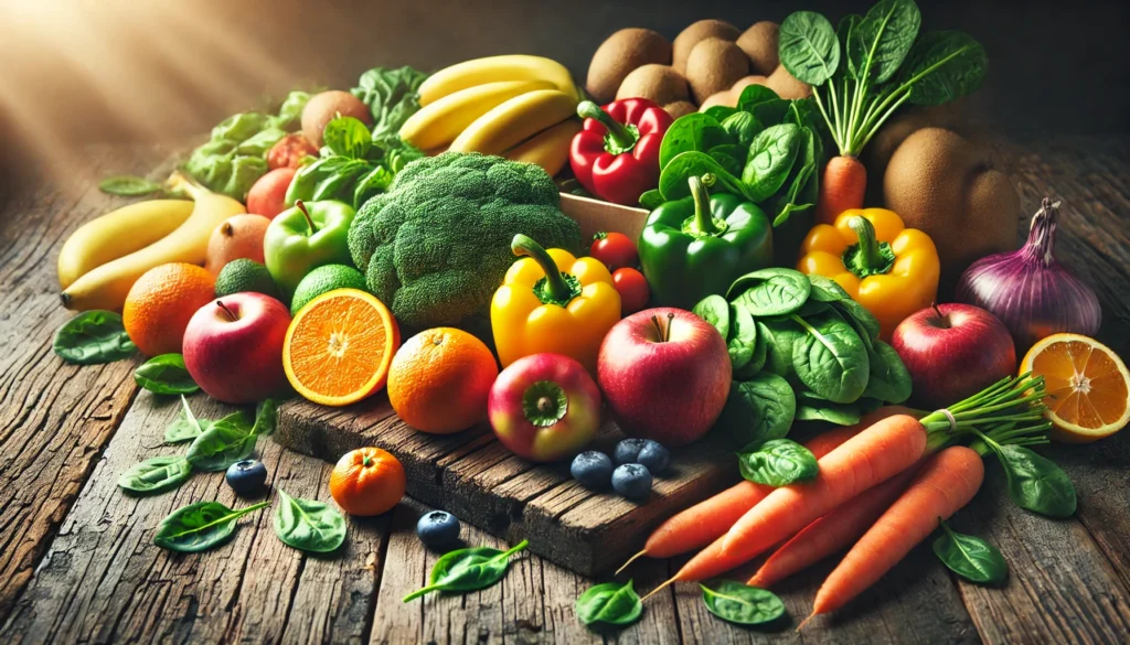 A vibrant display of fresh fruits and vegetables, including apples, oranges, bananas, carrots, spinach, and bell peppers, arranged on a rustic wooden table under natural lighting