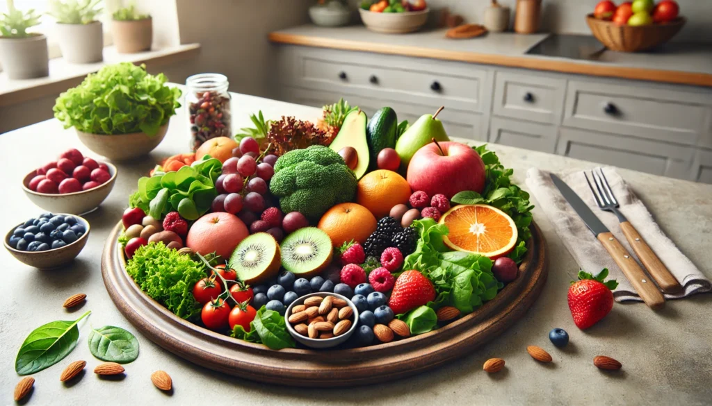 A beautifully arranged fruit and vegetable platter featuring raw and cooked ingredients such as leafy greens, berries, citrus fruits, and nuts on a neutral-toned kitchen counter