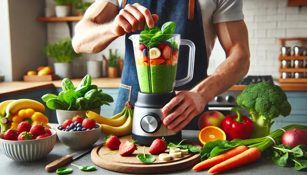 A health-conscious individual blending a colorful smoothie using fresh fruits and vegetables like bananas, spinach, strawberries, and carrots in a modern kitchen