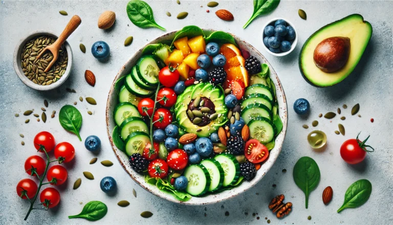 A top-down view of a vibrant fruit and vegetable salad in a bowl, garnished with seeds and nuts, featuring ingredients like tomatoes, cucumbers, avocados, blueberries, and leafy greens