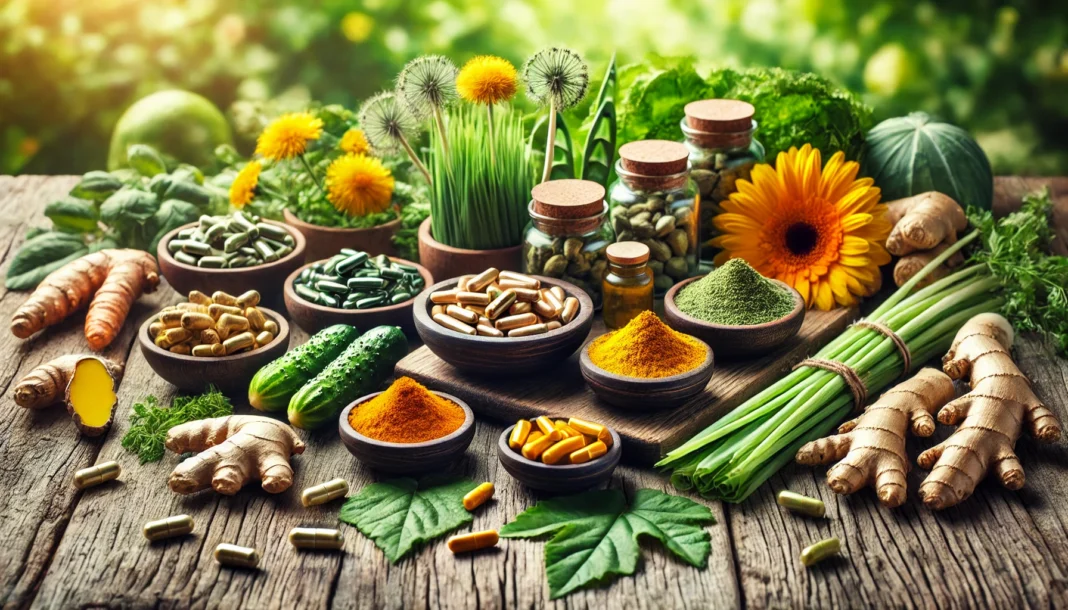 A vibrant display of detoxifying herbs like turmeric, ginger, dandelion, and milk thistle, arranged with herbal capsules and powders on a rustic wooden table, evoking a natural and healthy lifestyle.