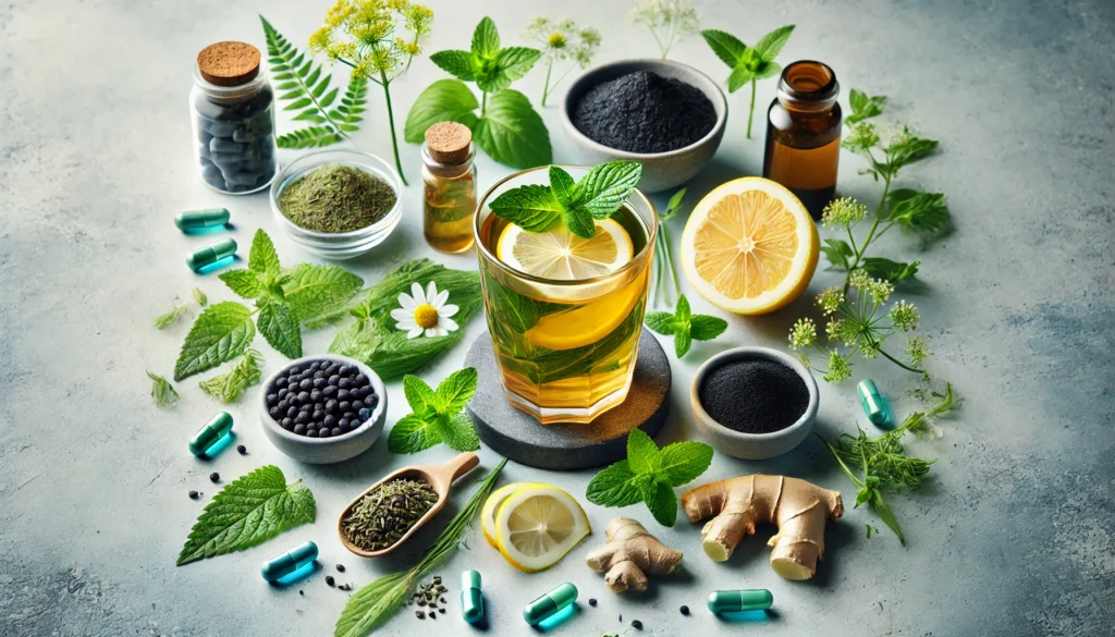 A refreshing wellness setup featuring a glass of detox tea infused with mint, dandelion, and ginger, surrounded by lemon slices, activated charcoal capsules, and herbal extracts, symbolizing purification and health