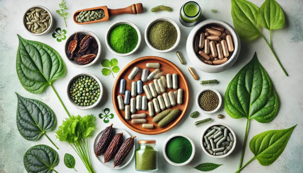 A top-down view of a holistic detox setup with herbal capsules, fresh green leaves, and dried detox herbs like burdock root, chlorella, and spirulina, presented in a clean and minimalistic style.