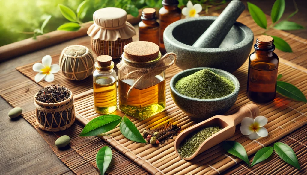 A spa-inspired detox concept with herbal supplements in glass jars, green tea leaves, essential oils, and a wooden scoop of herbal powder on a bamboo mat, illustrating a rejuvenating detox process.