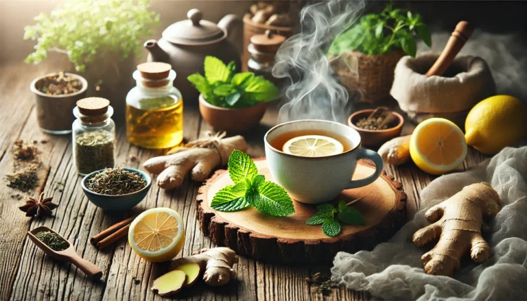 A steaming cup of herbal detox tea surrounded by fresh ingredients like ginger, mint, and lemon on a rustic wooden table, with soft natural lighting enhancing a warm and calming atmosphere