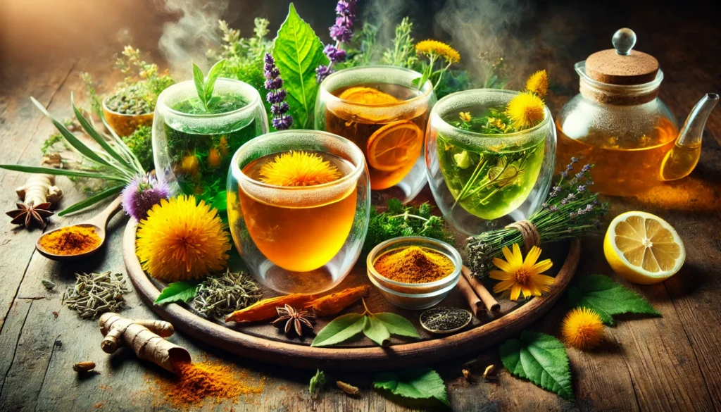 A vibrant composition of detox herbal teas in glass cups with natural ingredients like turmeric, dandelion, and green tea leaves, surrounded by fresh herbs on a wooden tray, exuding a soothing and rejuvenating feel